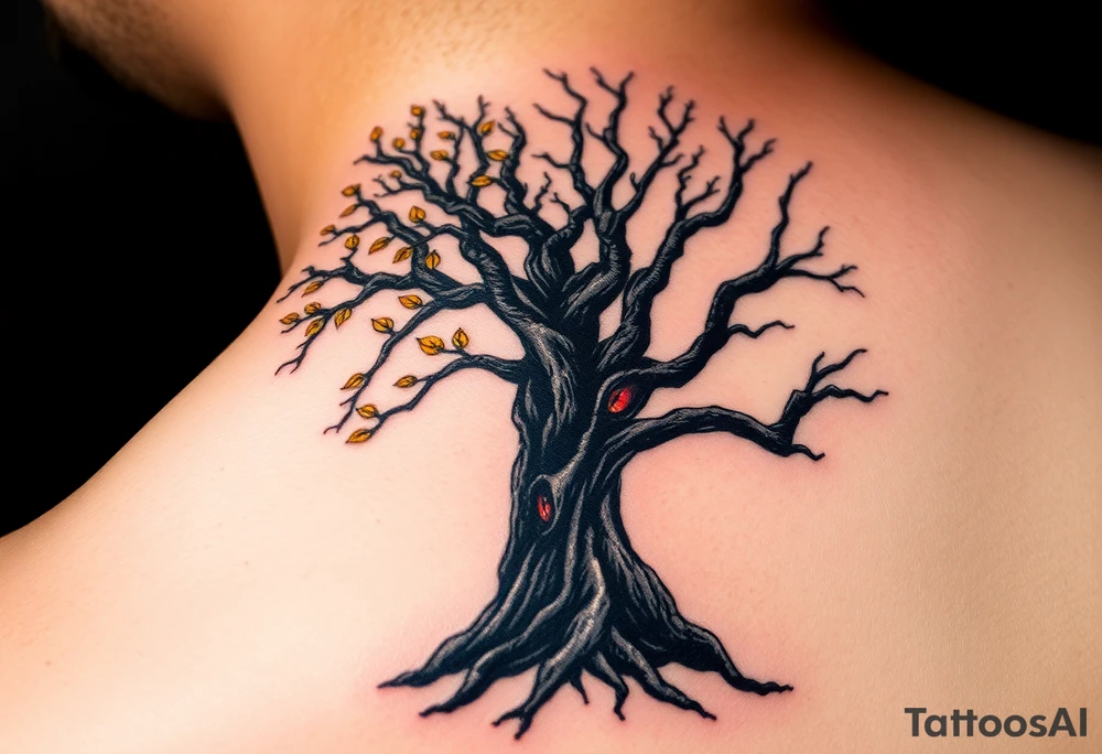A tree of life with golden leaves, flourishing on one side, symbolizing growth and harmony, juxtaposed against a barren black tree with twisted branches and deep red eyes peering through the shadows, signifying decay and destruction tattoo idea