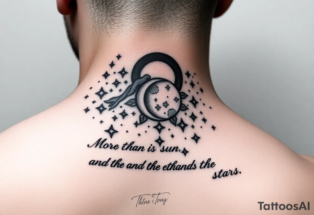 Cascade of stars with moon and sun
Handwritten “more than the sun, and the moon, and the stars”
On collarbone tattoo idea