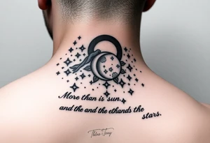 Cascade of stars with moon and sun
Handwritten “more than the sun, and the moon, and the stars”
On collarbone tattoo idea