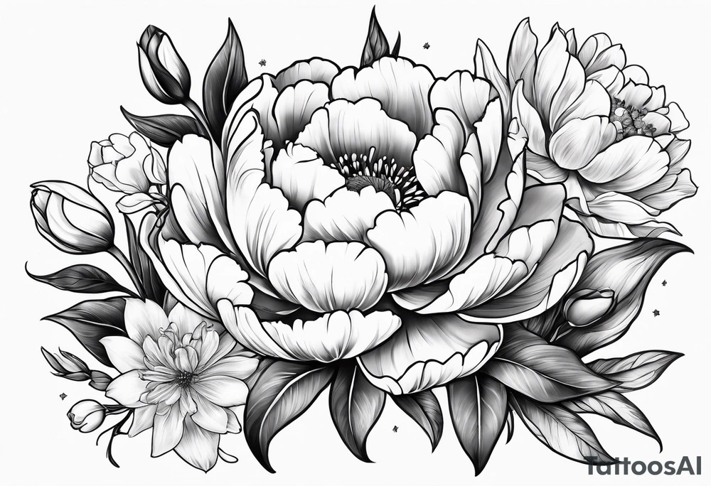 One flower of Peony, tulip, sunflower, cherry blossom and Lily bouquet tattoo idea