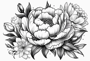 One flower of Peony, tulip, sunflower, cherry blossom and Lily bouquet tattoo idea
