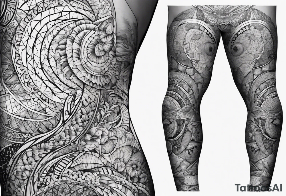 ocean full leg sleeve mosaic tattoo idea