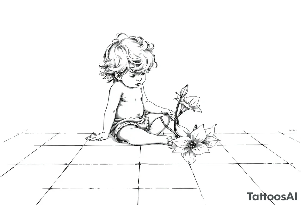 A simple tile floor with a minimalist curler child sitting on the floor with a lily next to her tattoo idea
