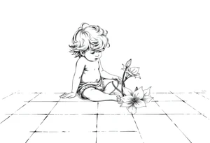 A simple tile floor with a minimalist curler child sitting on the floor with a lily next to her tattoo idea
