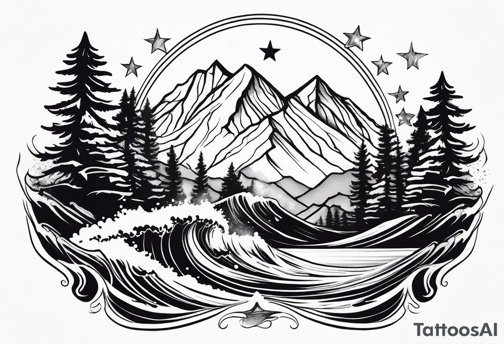 a rhombus shape. Crashing wave at the front. snow-capped mountain at the back. Pine trees to the side. 3 stars in the sky tattoo idea