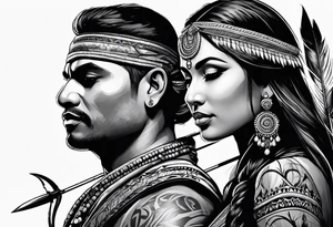 tribal indian couple with bow and arrows tattoo idea