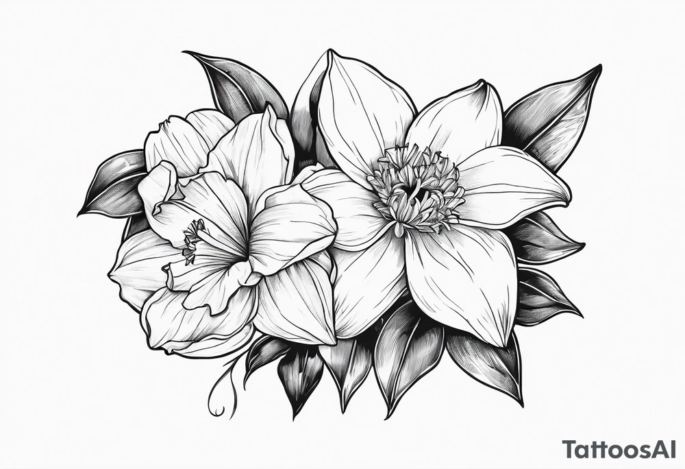 Dainty Bouquet Held together with a bow:
DAFFODIL
JONQUIL
ASTER
MORNING GLORY tattoo idea