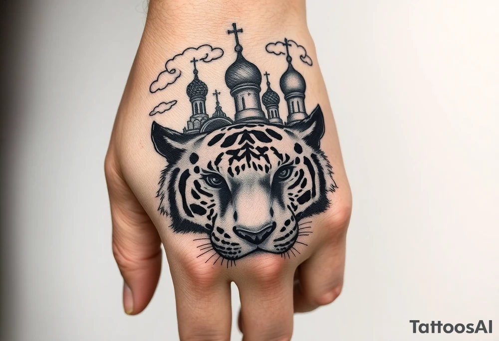 Realistic relic style tiger face on the back of the hand with strong contrast and fine detail with its eyes completely black. with a highly detailed Russian Orthodox cathedral sitting above on fore arm with onion domes and orthodox crosses, done in fine line, engraving-like style. Cohesive composition, black ink only, no color, high contrast, slightly aged, documentary-style, plain light background. with clouds above and a virgin mary 
spanning from my hand to lower fore arm tattoo idea