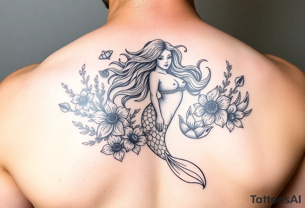 ethereal mermaid with flowing hair among coral and sea flowers tattoo idea