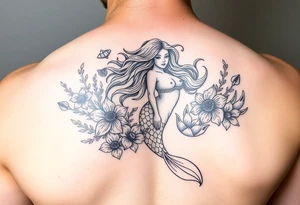 ethereal mermaid with flowing hair among coral and sea flowers tattoo idea