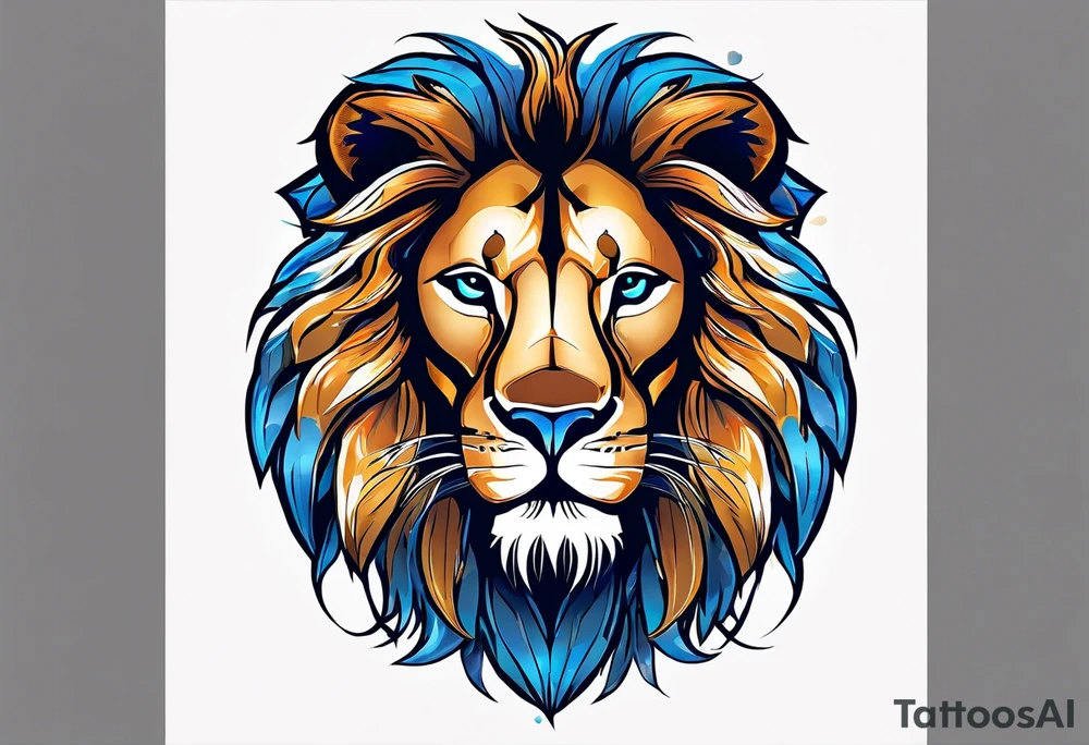 face of a lion with a third eye. Left eye blue, right eye brown. The third eye on the forehead is abstract. Around the muzzle there is a compass bezel tattoo idea