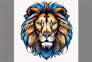 face of a lion with a third eye. Left eye blue, right eye brown. The third eye on the forehead is abstract. Around the muzzle there is a compass bezel tattoo idea