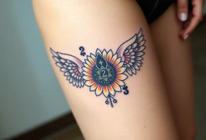 tattoo design incorporating a 2 of clubs, sunflower, wings, or halo tattoo idea