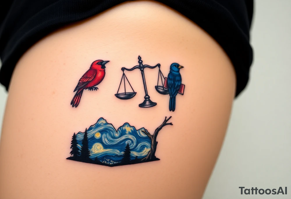 one of the birds red wearing a suit, other bird navy blue with glasses or holding a book, scales of justice built into a tree, starry night painting and mountain background tattoo idea