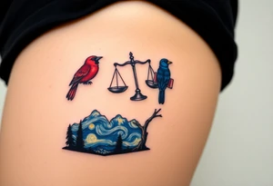 one of the birds red wearing a suit, other bird navy blue with glasses or holding a book, scales of justice built into a tree, starry night painting and mountain background tattoo idea