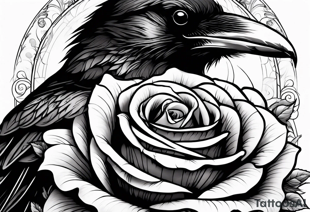 a raven holding a rose in a thunderstorm tattoo idea