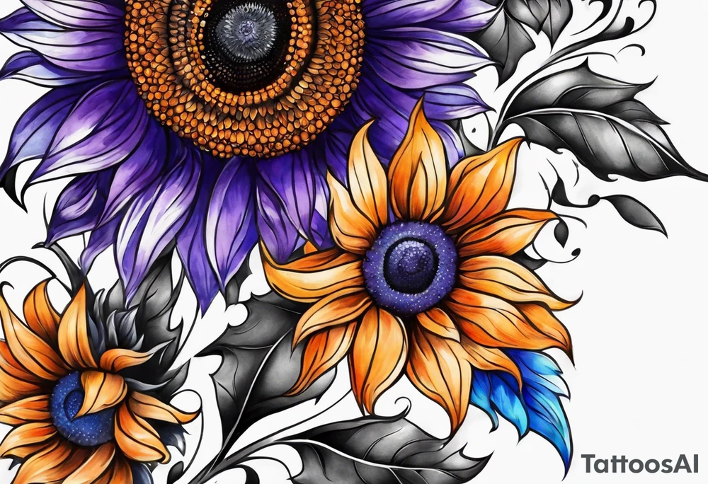 Full arm sleeve with purple, orange and blue sunflowers tattoo idea