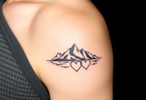 Small and simplistic couples tattoos including water, mountains and hearts tattoo idea