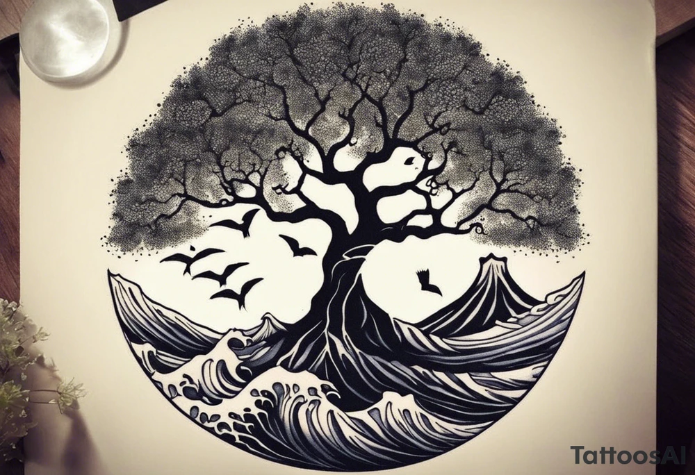an abstract Tree of Life tattoo. It should have roots growing out of the bottom. The roots slowly turn into water from the Great Wave by Hokusai. A golf flag should be placed discreetly growing out of the ground. 2 license plate tags should be hanging from the tree. Place a few music notes in the areas the leaves should be. The letters A U should be engraved into the tree trunk in a heart. tattoo idea