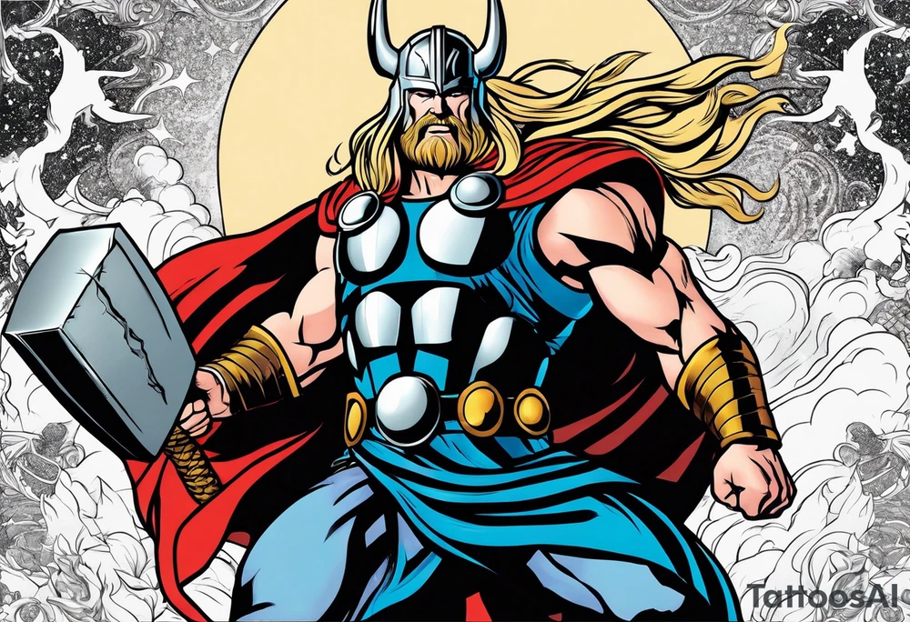 The Mighty Thor from comics in the 70's with a vignette in the background tattoo idea
