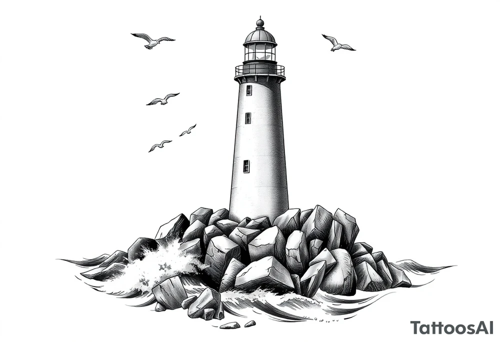 Lighthouse surrounded by boulders in the sea with high waves and seagulls flying around tattoo idea