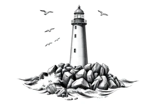 Lighthouse surrounded by boulders in the sea with high waves and seagulls flying around tattoo idea