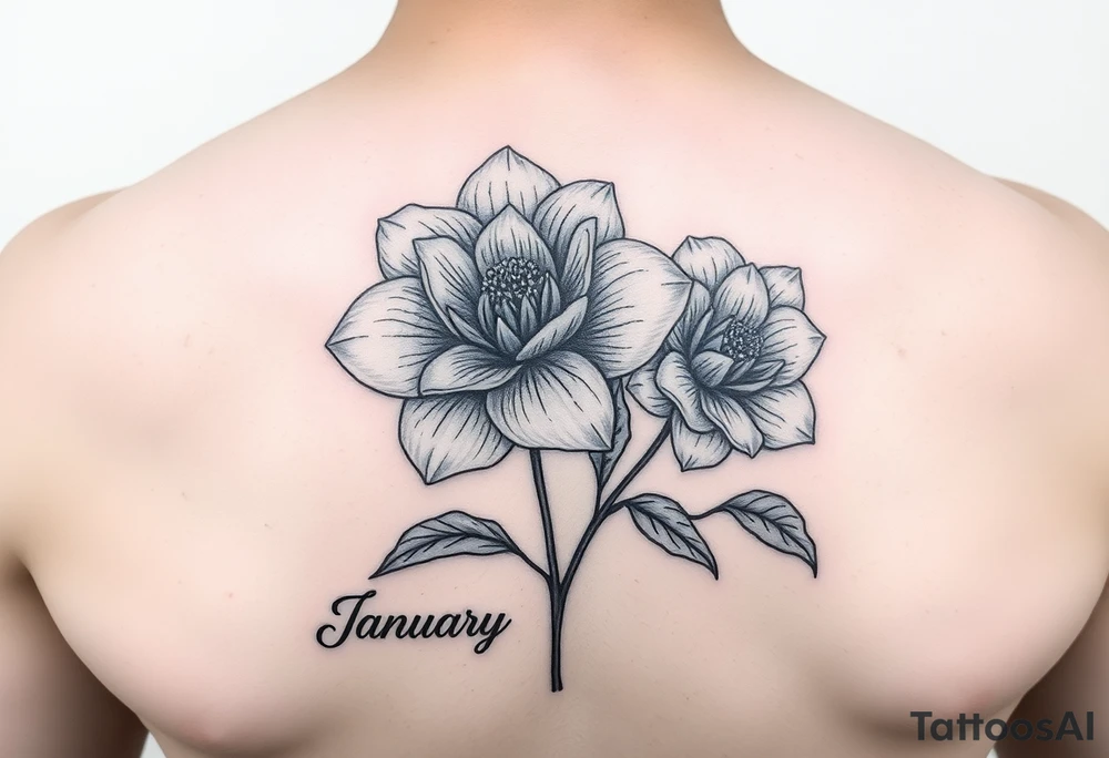 January birth flower with names James under it and March birth flower with name Robert under it tattoo idea