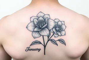 January birth flower with names James under it and March birth flower with name Robert under it tattoo idea