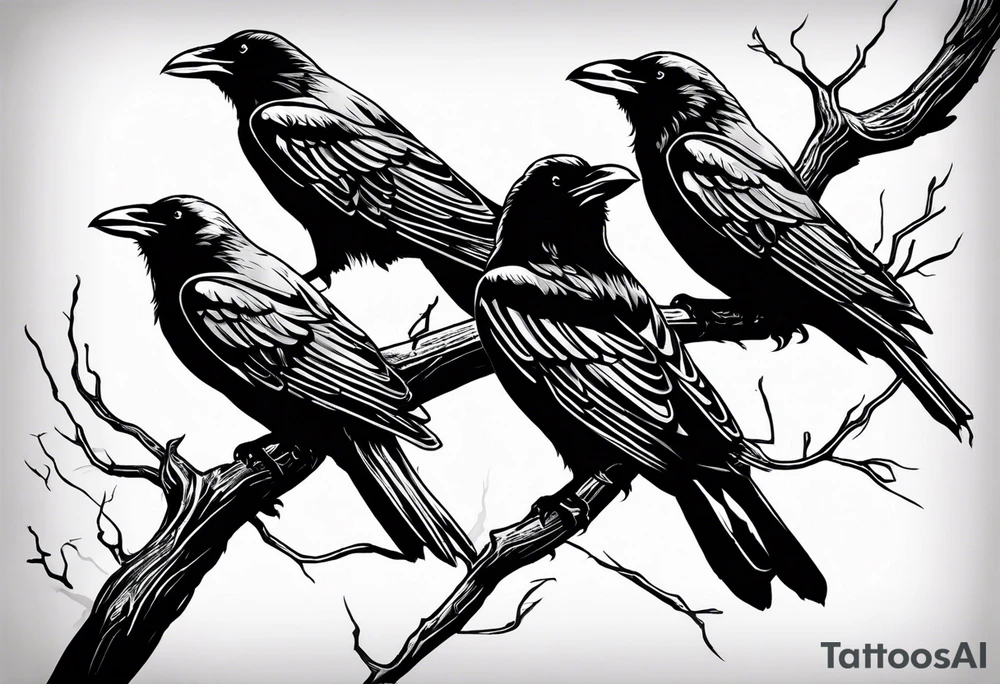 The words Why so serious? With 3 small ravens on a branch tattoo idea