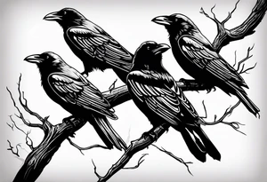 The words Why so serious? With 3 small ravens on a branch tattoo idea
