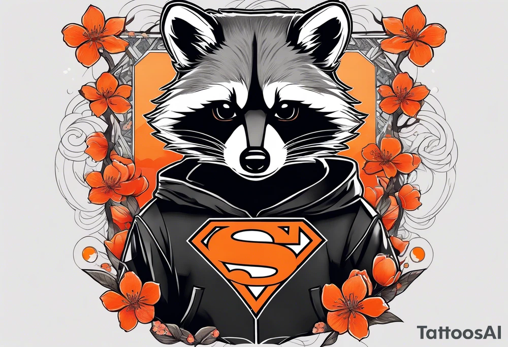 Raccoon wearing a white Superman logo on a black hoodie and orange Japanese cherry blossoms beside tattoo idea