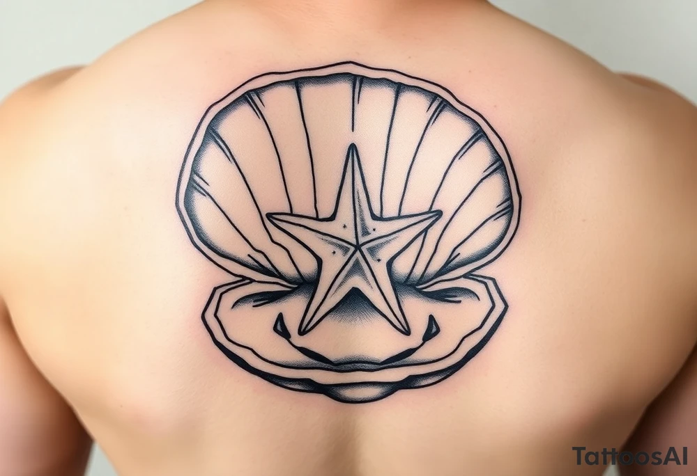 Open clamshell with starfish rendered in the art styles used during World War Two tattoo idea