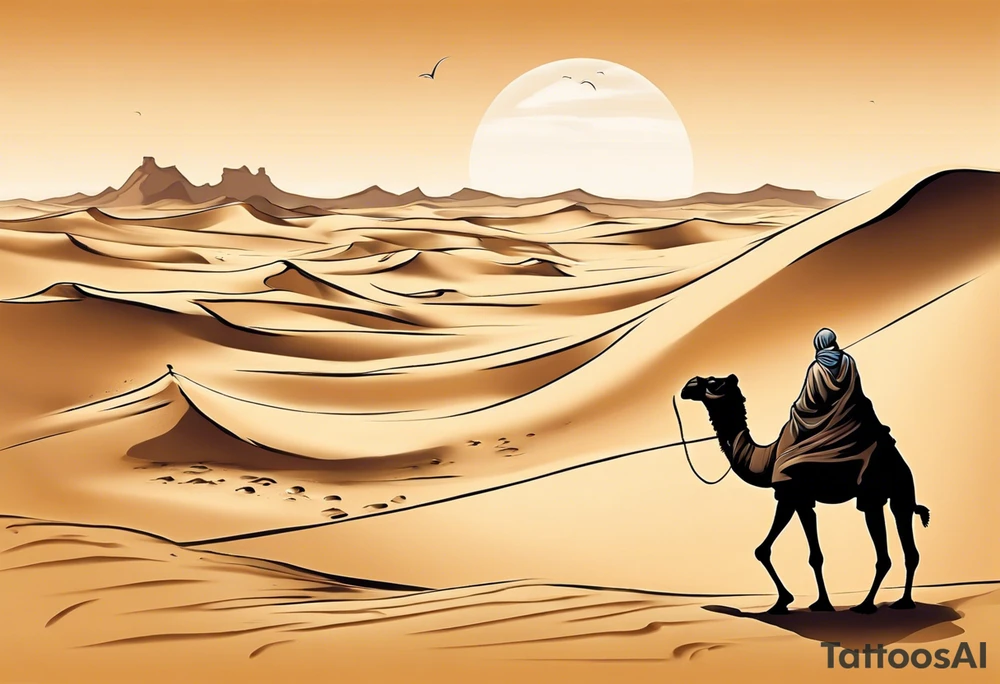 Design a tattoo depicting a distant view of a vast desert landscape with low, undulating sand dunes. Capture a man and his camel moving away, leaving footprints in the sand, both resilient against the harsh environment. The man covers his face with a long cloth, adding a sense of mystery and solitude to the scene. tattoo idea