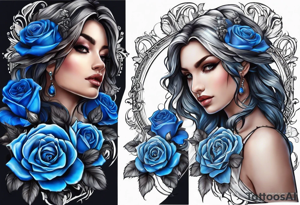blue roses frames, bacground ancient  justice building tattoo idea