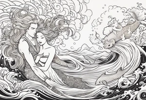 Blond mermaid and merman son frolicking in the ocean tattoo idea