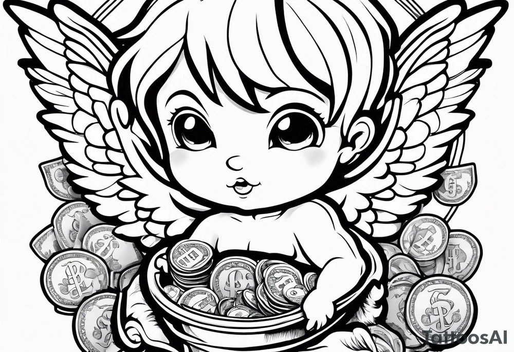 a cartoon cherub outline holding a bag of money tattoo idea