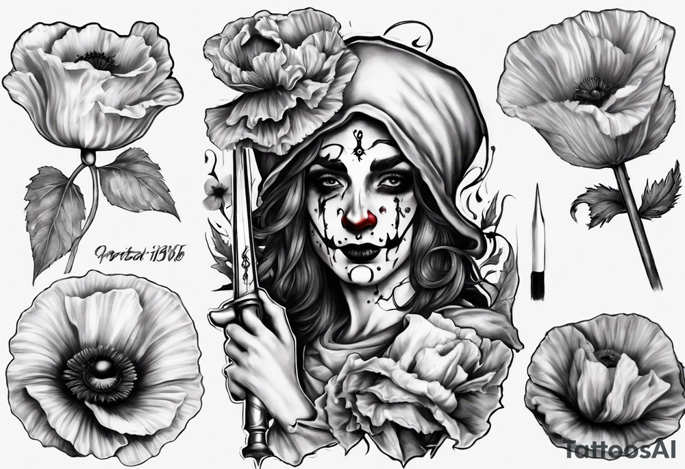 Jester holding sword and poppy incorporate number 823 tattoo idea