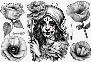 Jester holding sword and poppy incorporate number 823 tattoo idea
