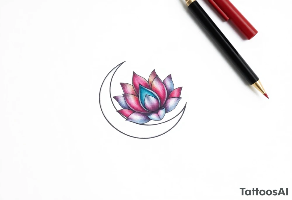 small colorful crescent moon with lotus flower tattoo idea