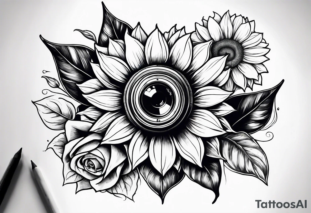 sunflower, camera, flower rose , book tattoo idea