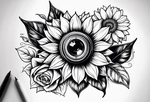 sunflower, camera, flower rose , book tattoo idea