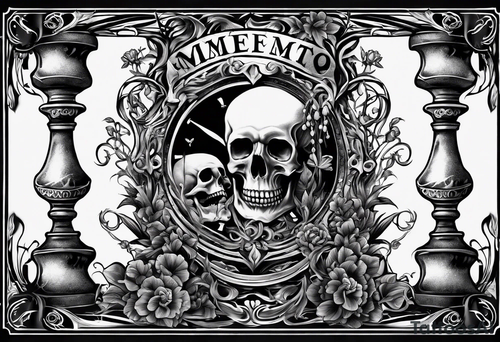 Hourglass with vines and flowers in the top bulb that are trickling like sand into the lower bulb containing a skull semi-submerged in the sand. The words “Memento Mori” are written on the hourglass tattoo idea