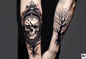 tattoo sleeve, tree roots break out of the chains at the bottom of the hand, Symbolizing loss, an image of a broken mask, Clock with flying numbers, girl, skull, roses tattoo idea