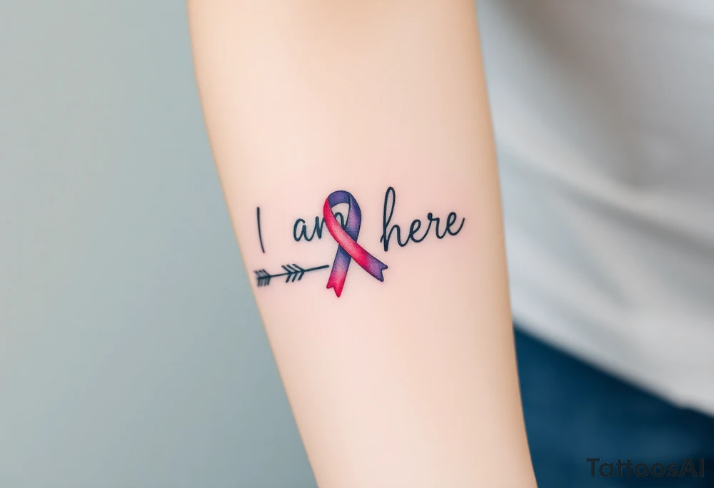 ‘I am here’ with breast cancer pink ribbon arrow heartbeat rhythm tattoo idea