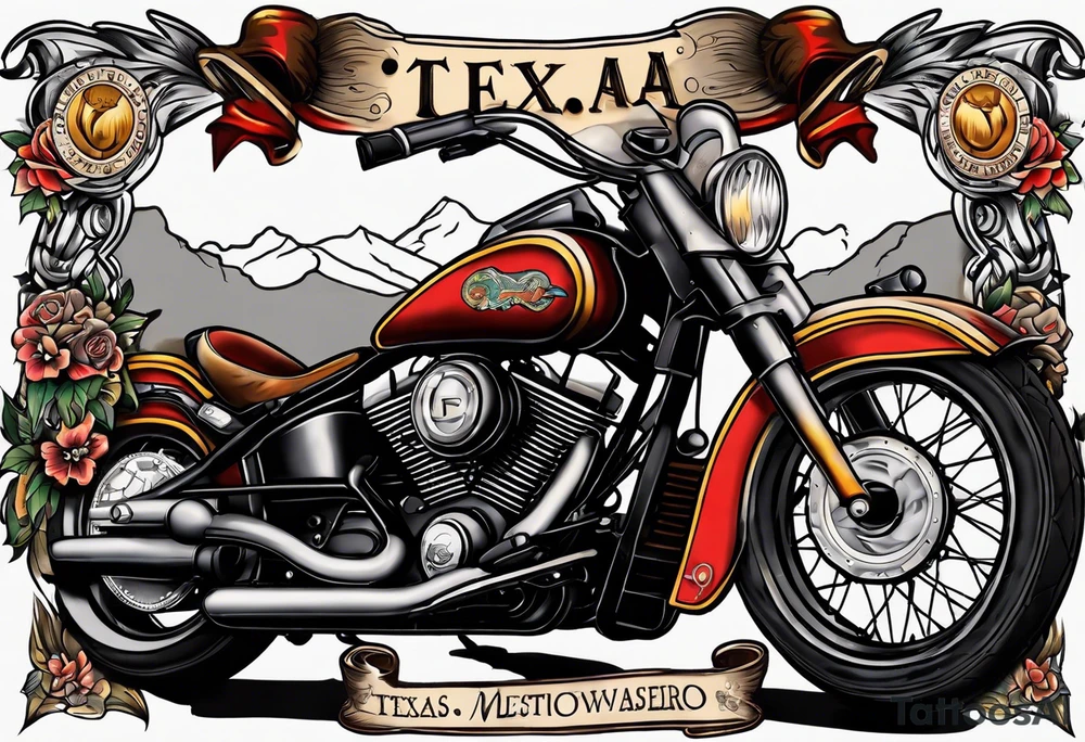 Traditional style incorporating world travel, Texas, Colorado and motorcycles tattoo idea