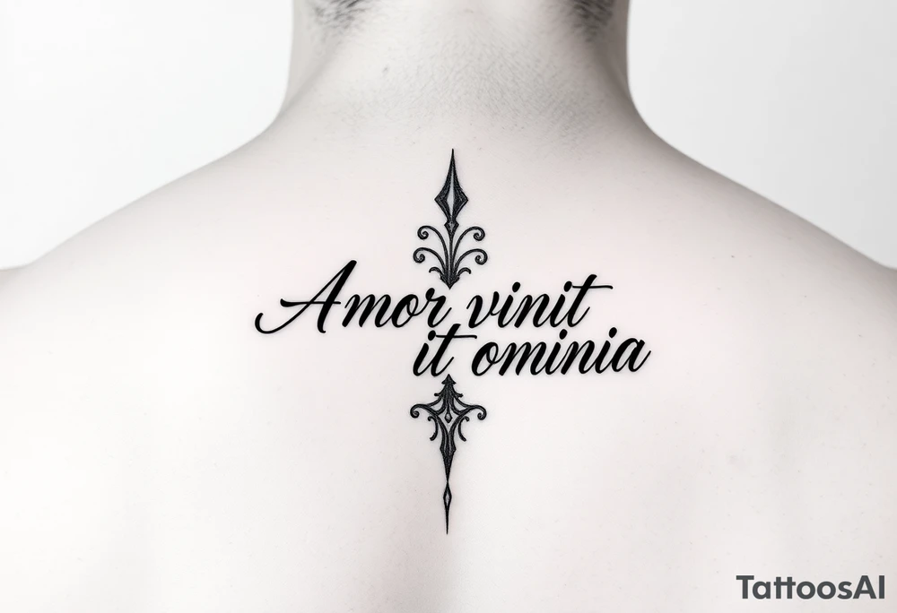 Amor vincit omnia in script down the middle of the spine tattoo idea Amor vincit omnia in script down the middle of the spine tattoo idea