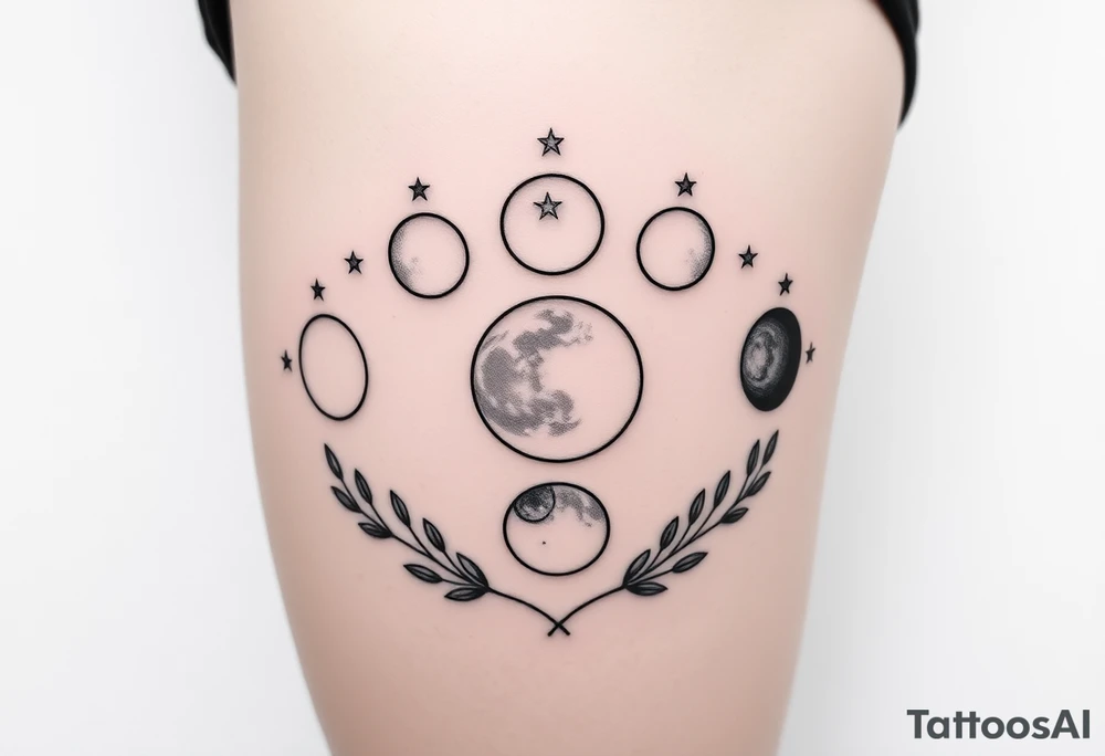 the 9 moon phases with stars and olive branches tattoo idea