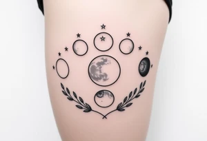 the 9 moon phases with stars and olive branches tattoo idea