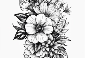 Verticle arm wrap of dainty flowers and leaves with bee forearm tattoo idea