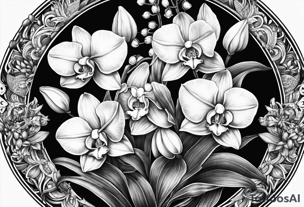 Honeysuckle lily of the valley orchid snapdragon mandala black tattoo design tattoo idea